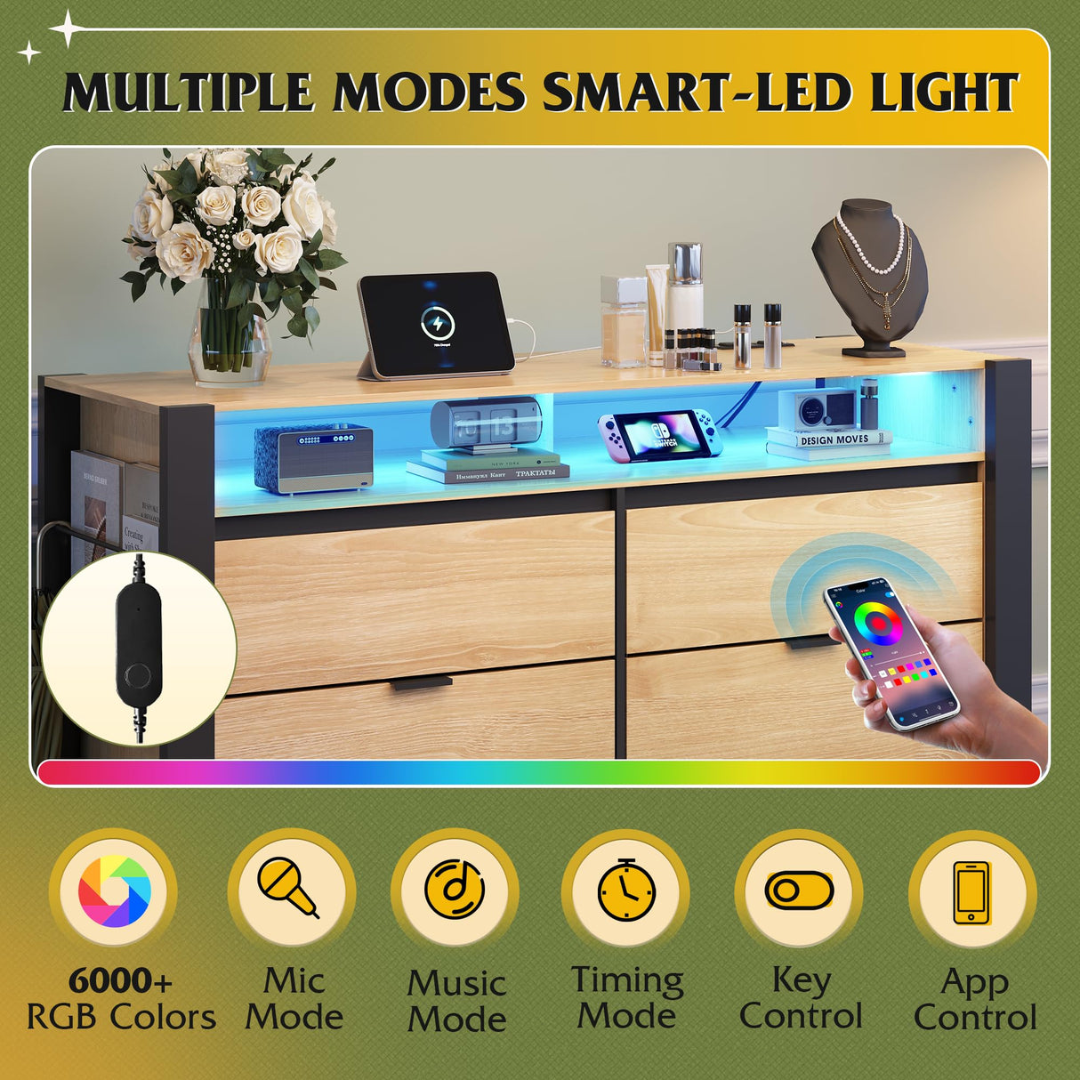 WLIVE 6 Drawer Dresser with Led Light, 50.79'' Wood Dresser for Bedroom with Power Outlets for 55'' TV, Modern Chest of Drawers for Closet, Hanging Rack, Double Wide Drawer for Living Room, Light Oak WLIVE