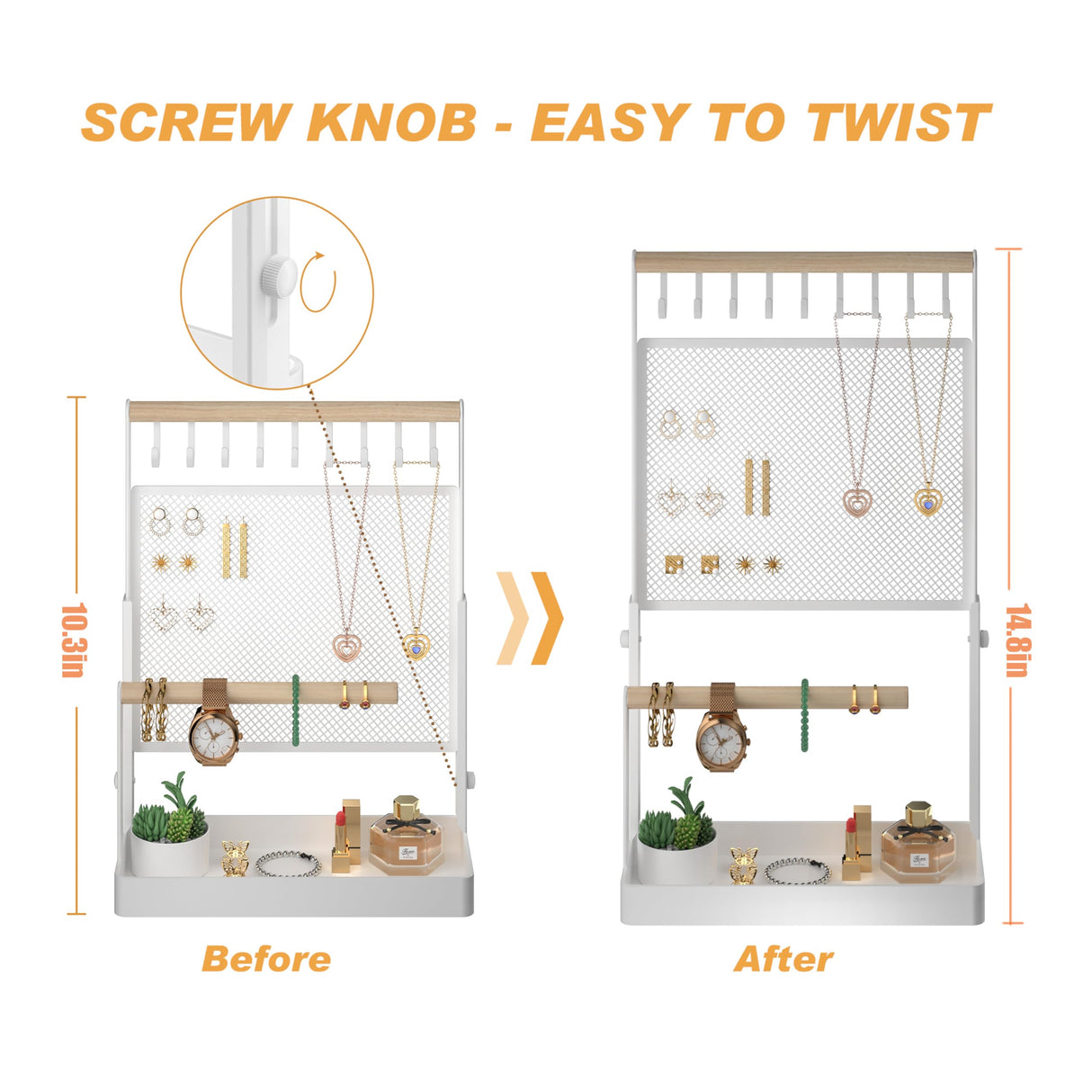 IOAIANIA Jewelry Organizer Stand, Liftable Necklace Holder with Earring Organizer Net, 9 Hooks Necklaces Storage Wooden Handing Bar for Bracelets Watches Rings (White) IOAIANIA