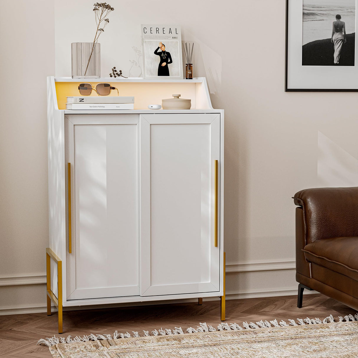 BELLEZE Storage Cabinet with LED Lighting, Sideboard with Sliding Doors and Adjustable Shelves, Entryway Shoe Rack, Accent Cabinet for Living Room and Bathroom - Dana (White) BELLEZE