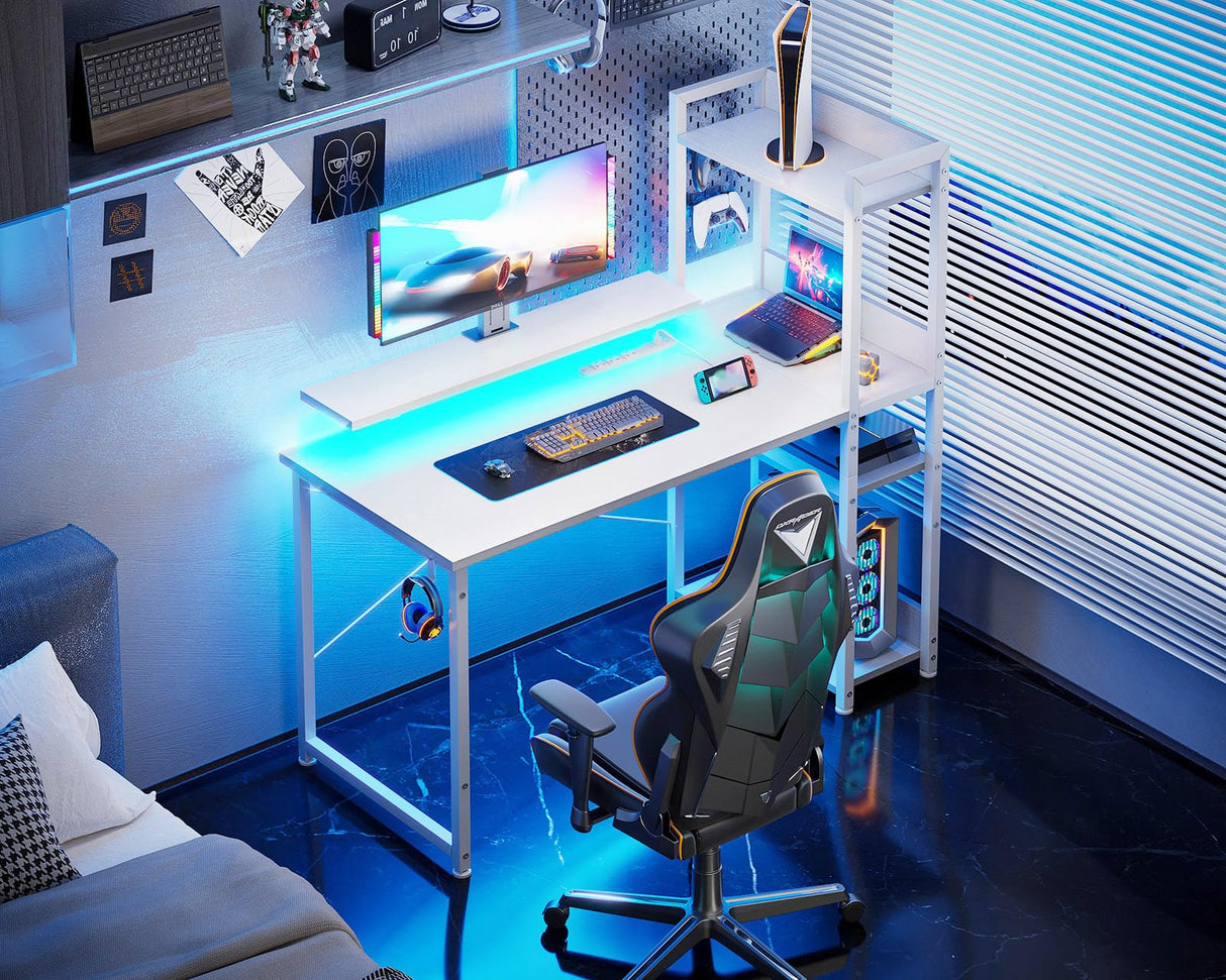 ODK Reversible Gaming Desk with USB Charging Port and LED Lights, 40 Inch Computer Desk with Storage Shelves & Monitor Stand, Writing Study Table for Home Office, Small Space Bedroom, White ODK