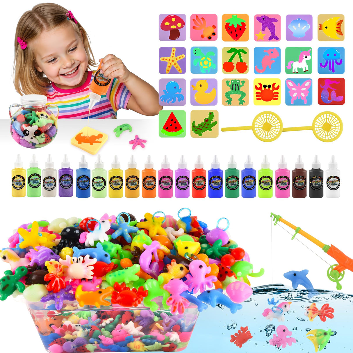 Nicella Magic Water Elf Toy Kit, Waters Pets, Aqua Water Gel with 20 Magic Gels and 20 Shape Molds, DIY Squishy Maker Kit, Kids Summer Crafts,Make Your Own Squishies Toys Crafts for Boys & Girls Nicella