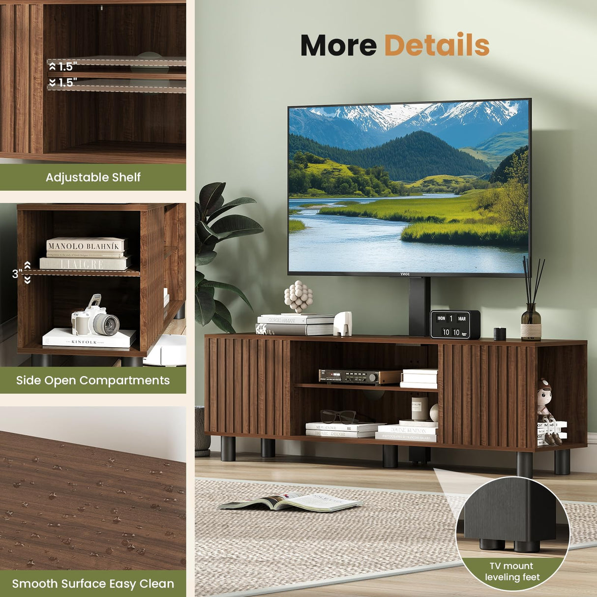 Lamtor TV-Stand with Mount and Power Outlet, Fluted TV Stand for 65 70 75 Inch TV, Entertainment Center with Storage, Media Console Table for Living Room, Walnut Lamtor