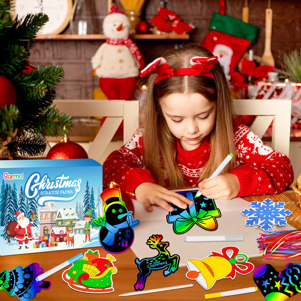 Garma 36Pcs Christmas Crafts Scratch Art for Kids, Rainbow Scratch Paper Christmas Ornaments Crafts Christmas Party Favors Toys Xmas Tree Ornaments Hanging Craft Art Kits Garma