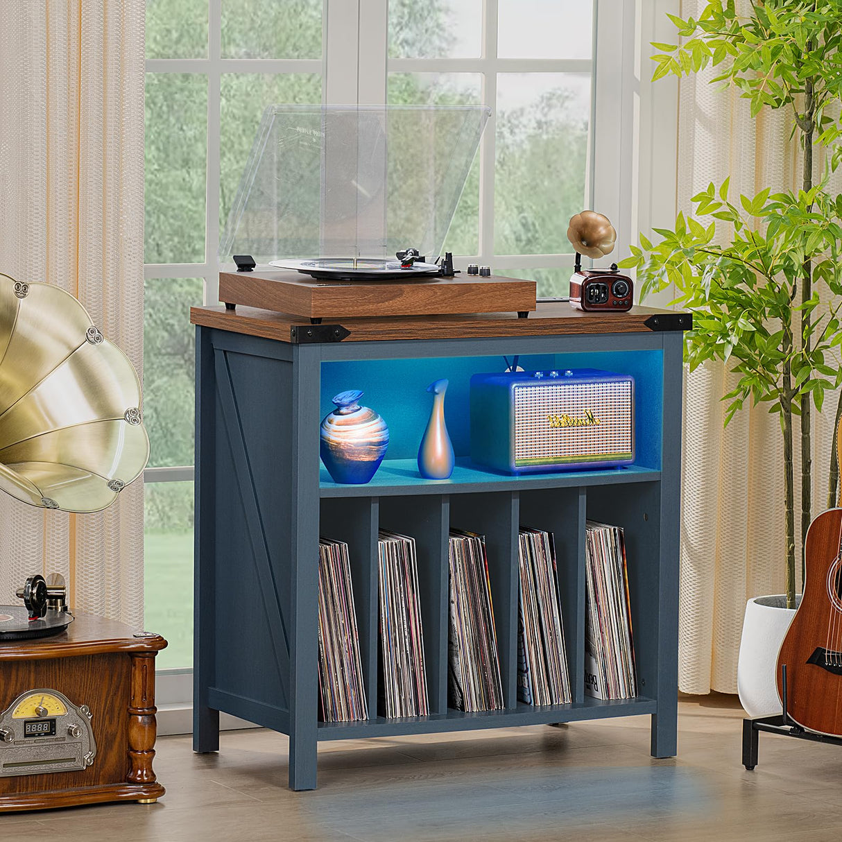 Joaxswe Large Record Player Table with Charging Station & LED Lights, Blue Vinyl Record Storage Cabinet Holds up to 230 Albums, Turntable Stand with Display Shelf for Music Room Bedroom Living Room Joaxswe