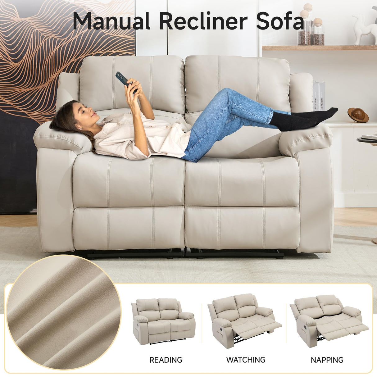 GNMLP2020 Reclining Loveseat Sofa Leather Recliner Couch 2 Seater Sofa for Living Room, Home Theater Seating(Loveseat,Beige) GNMLP2020