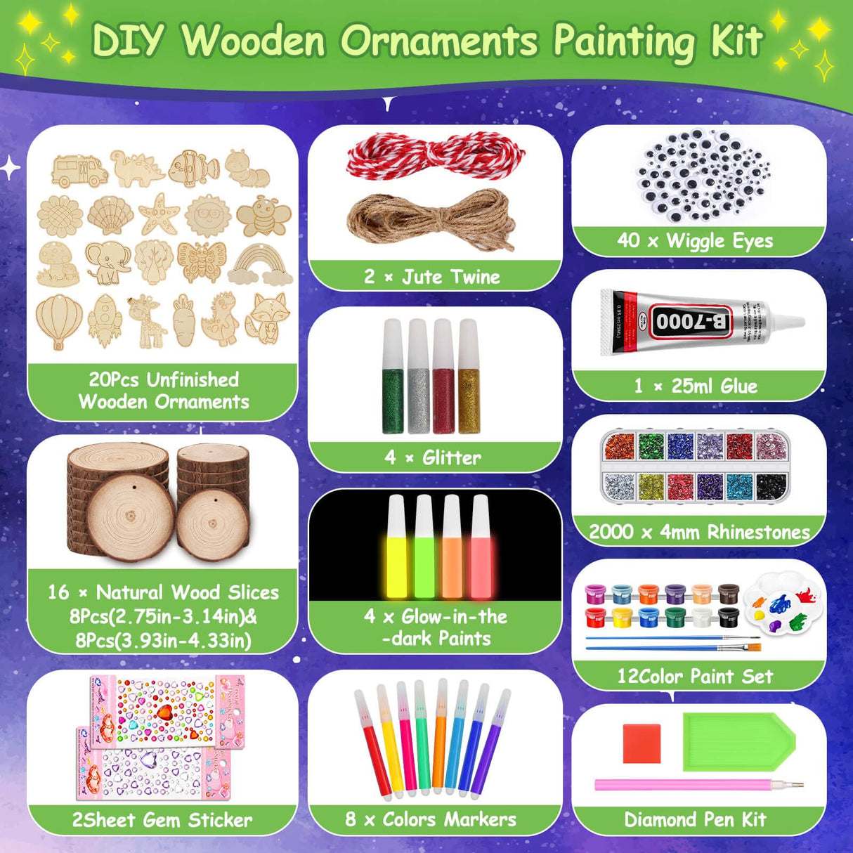 ROADPLUM Natural Wooden Slices Painting Craft Kit, 16PCS Unfinished Wood Slices & 20Pcs Unfinished Wooden Ornaments, DIY Glow in The Dark Christmas Ornaments Craft for Decorations ROADPLUM