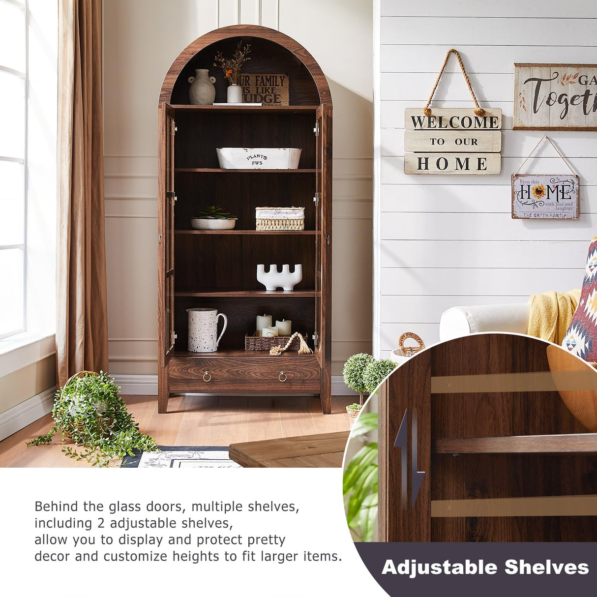 71" Tall Arched Cabinet, Modern Farmhouse Wooden Display Cabinet with Drawer and Glass Doors, 6 Tier Bookshelf w/Adjustable Shelves for Living Room, Office, Walnut WINWY