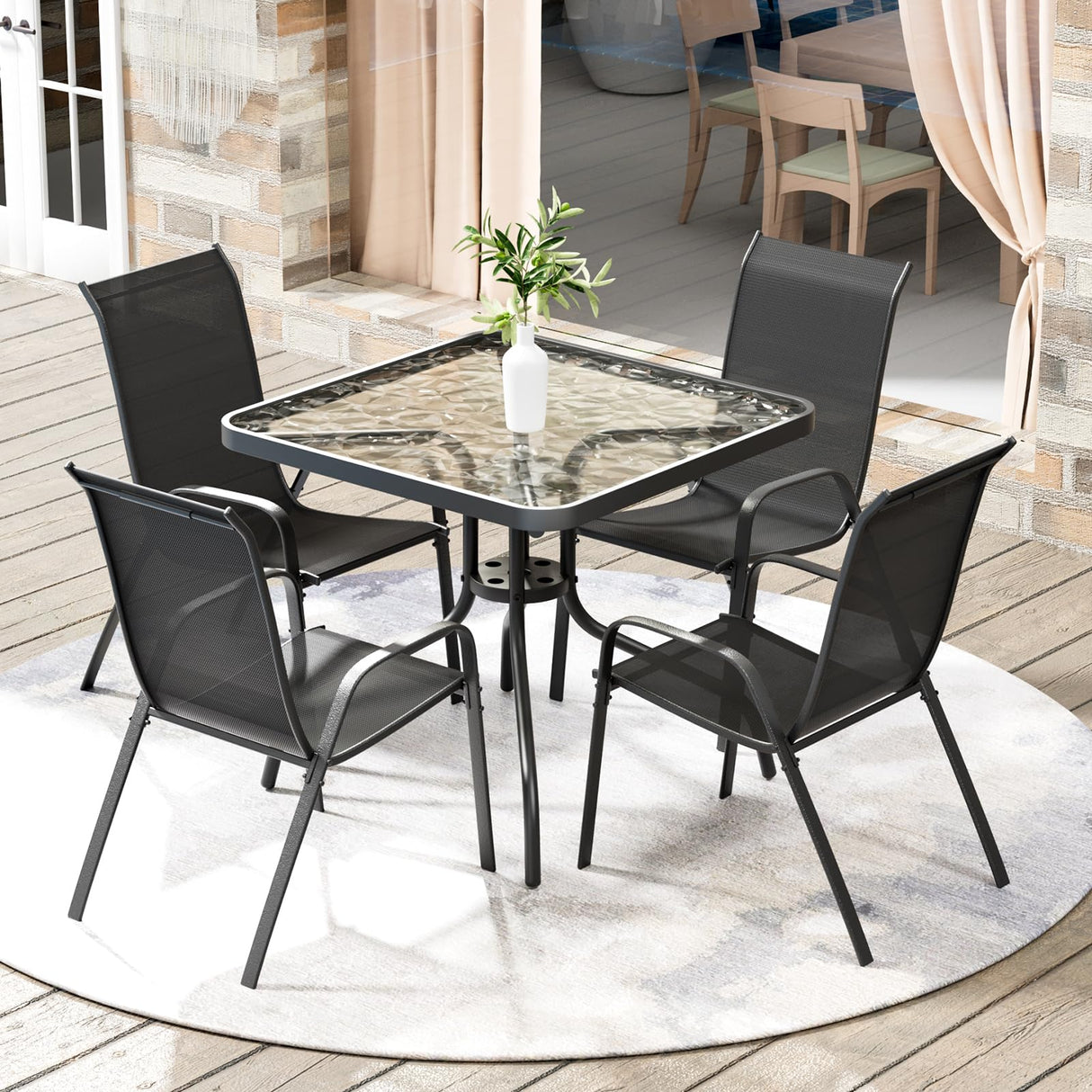 Arlopu 5 Piece Outdoor Patio Dining Set (Umbrella not Included), Porch Furniture with 4 Textline Chairs, 1 Square Glass Table for Garden, Backyard and Poolside, Lawn (Black) Arlopu