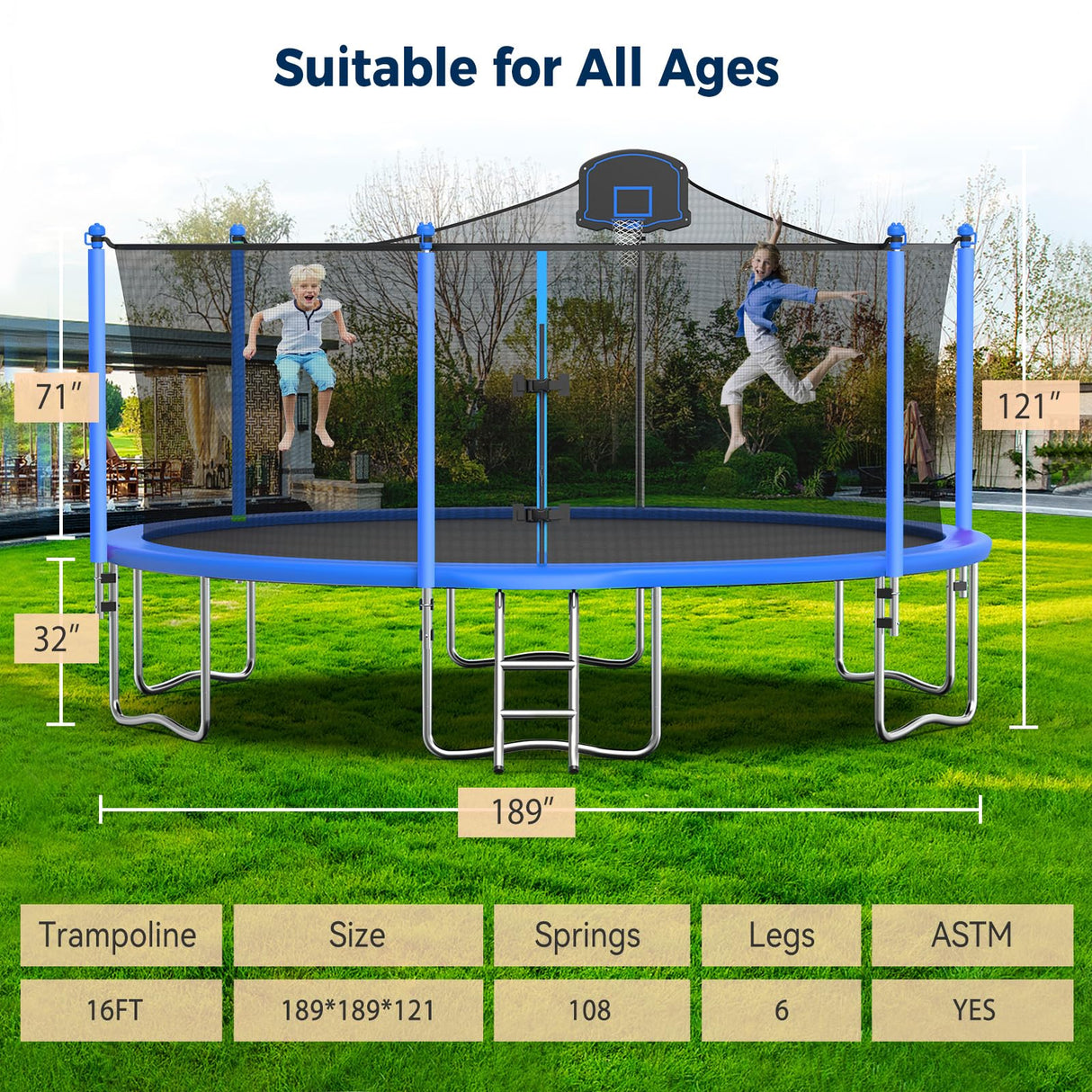 Tatub 16FT Trampoline for Kids and Adults, Outdoor Recreational Trampolines with Basketball Hoop & Enclosure Net, Blue Tatub