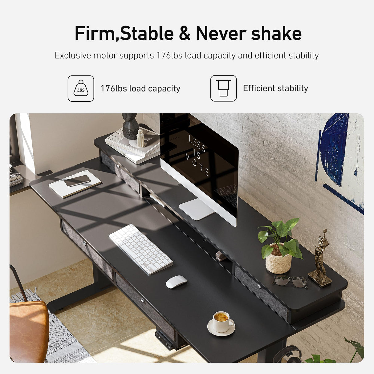 FEZIBO Sturdy Height Adjustable Electric Standing Desk with Drawers, 48 x 24 Inch Stand Up Table with Large Storage Shelf, Sit Stand Desk, Black Top FEZIBO