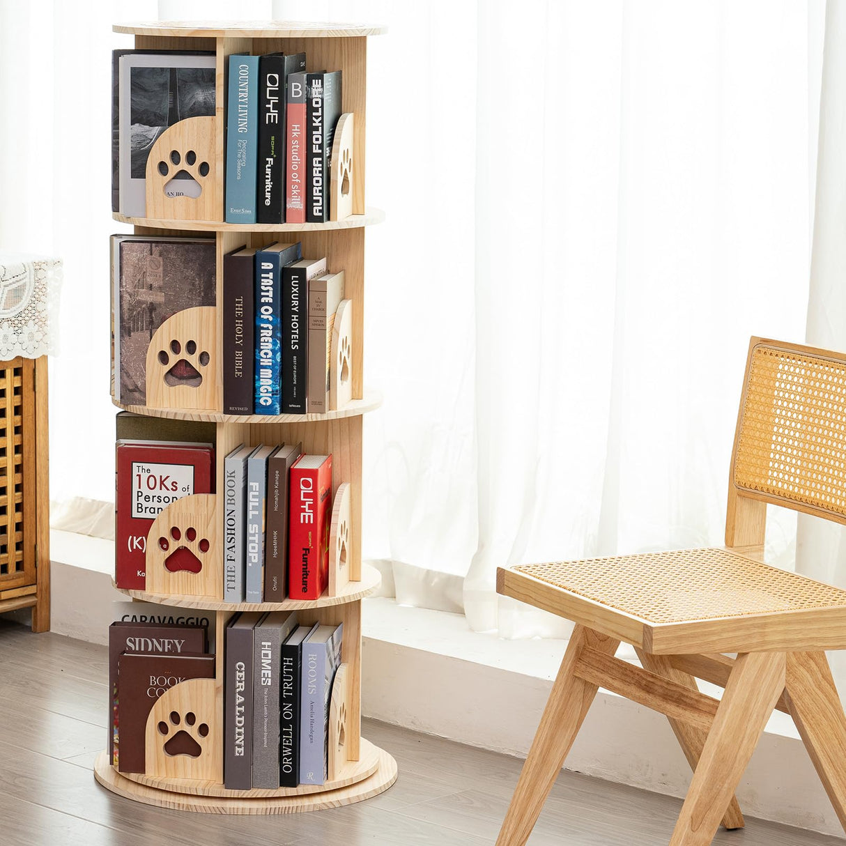 BUYWAY 360° Rotating Solid Wood Bookshelf Tower - Versatile 4-Tier Bookcase for Kids & Adults BUYWAY