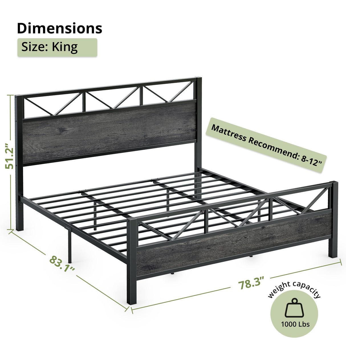 LIKIMIO King Bed Frame, Tall Industrial Headboard 51.2 ", Platform Bed Frame with Strong Metal Support, Solid and Stable, Noise Free, No Box Spring Needed, Easy Assembly, Charcoal Grey LIKIMIO