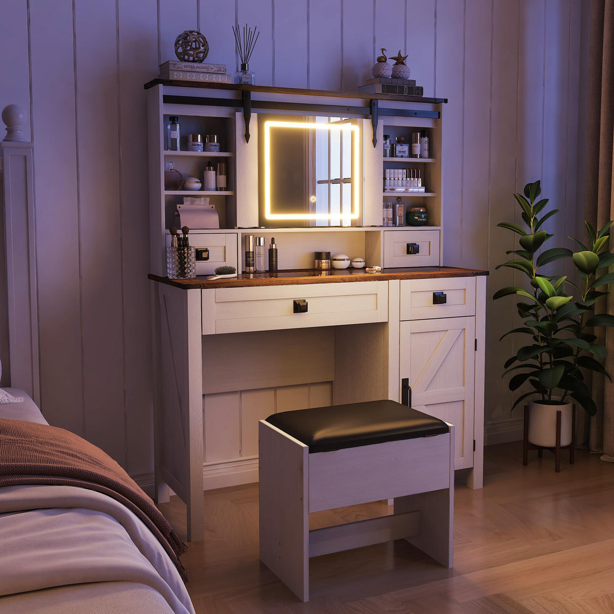 NEWBULAND Farmhouse Vanity with Mirror and Lights, 42" White Vanity Desk with 4 Drawers and Benches Makeup Table Set NEWBULAND