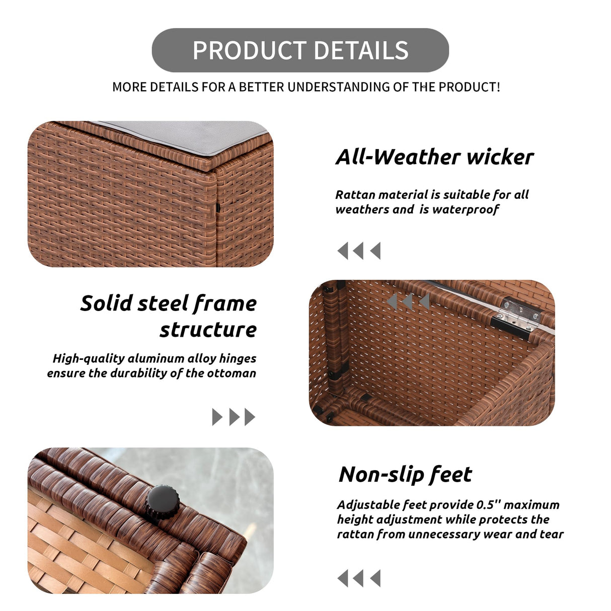 OPENAIRCOMFORT Premium Elegant Gray/Tawny 16.5" 2-Piece w/ 3" Fade-Proof Cushion, All-Weather Wicker Indoor/Outdoor Ottomans, PE Rattan Side Table & Footstools, Footrest, Ideal for Patio. OPENAIRCOMFORT