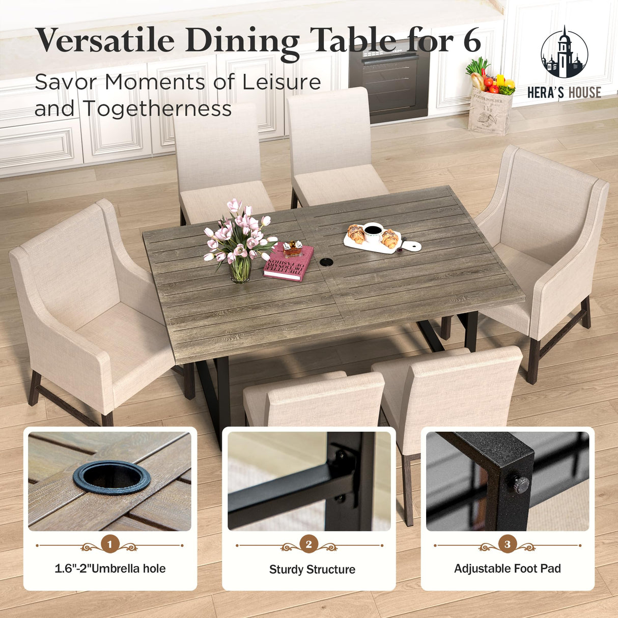 HERA'S HOUSE 7-Piece Indoor/Outdoor Dining Set for 6-64" Rust-Resistant Metal Table & 4.7" Cushioned Chairs, All-Weather Patio and Dining Room Furniture for Deck Kitchen Garden Backyard HERA'S HOUSE