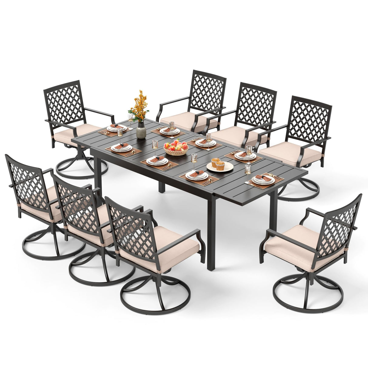 PHI VILLA 9 Pieces Outdoor Dining Set, Expandable Metal Table (64"-82") and 8 Swivel Dining Chairs – Perfect for Patio, Garden, Deck, Porch, and Yard, 9PCS Outdoor Dining Set Style 2 PHI VILLA