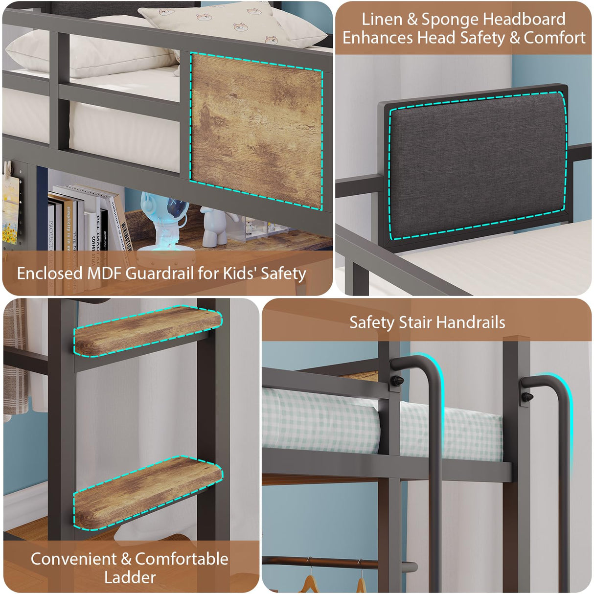 Loft Bed Twin Size with L-Shaped Desk,Metal Bunk Bed Frame with 5 Storage Drawers, LED Lights & Charging Station,Twin Loft Bed with Removable Ladder, Safety Guardrail,No Box Spring Needed,Rustic Brown Dnxao