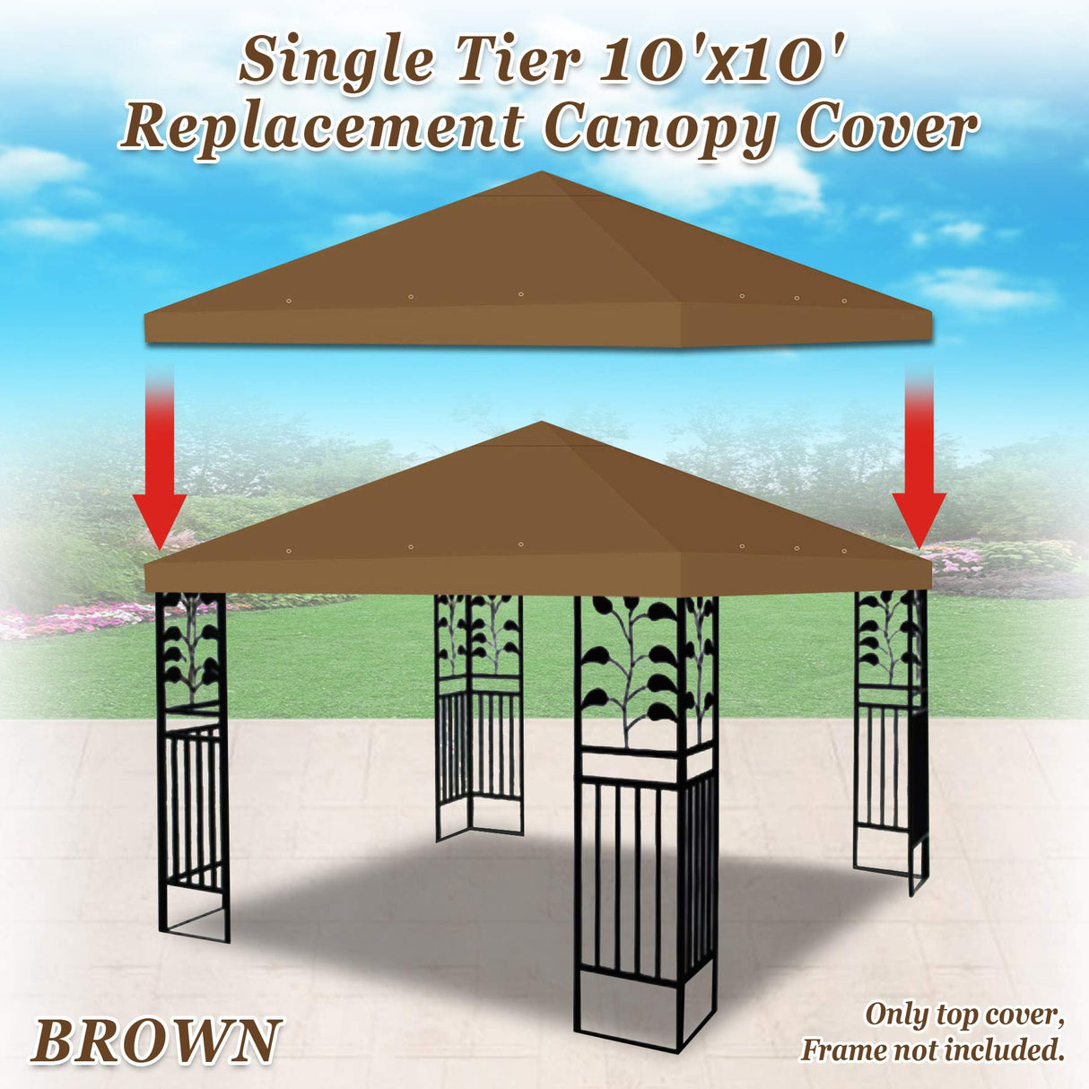 Strong Camel 10x10 Canopy Replacement top Gazebo Canopy Top Patio Pavilion Cover Sunshade Pplyester Single Tier-Brown Strong Camel