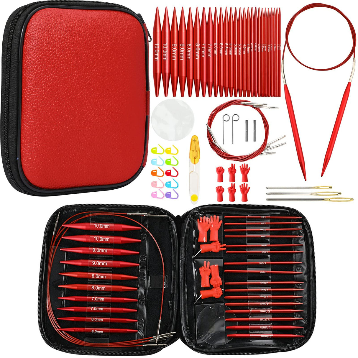 Looen 57 pcs Aluminum Circular Knitting Needles Set with Ergonomic Handles,13 Size Interchangeable Crochet Needles with Storage Case for Small Project (Style 1 New Red) LOOEN