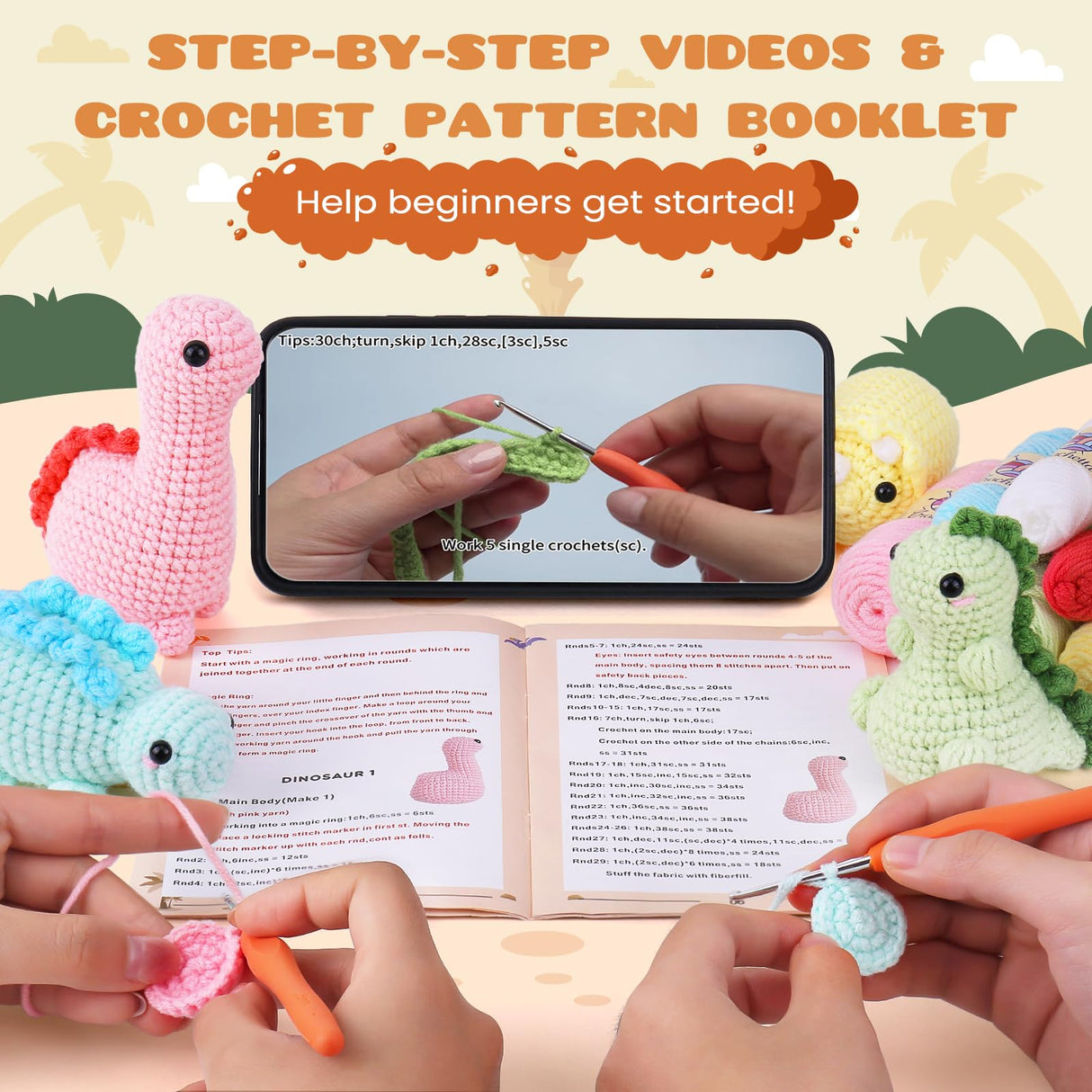 Crochet Kit for Beginners, Beginner Crochet Kit for Adults with Step-by-Step Video Tutorials, DIY Crochet Animal Kits Kids Knitting Supplies, 4 Pack Dinosaurs (40%+ Yarn) Crochetta