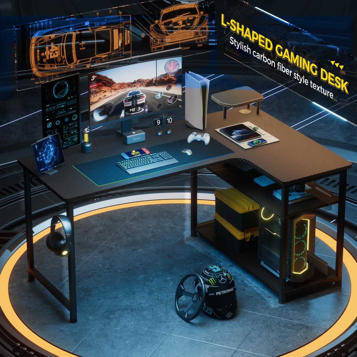 GTRACING L Shaped Gaming Desk, Carbon Fiber Style Computer Desk Compatible with Monitor Arm Storage Shelves Corner Desk Gaming Table for Home Office Desks Easy to Assemble Adjustable Shelf Height GTRACING