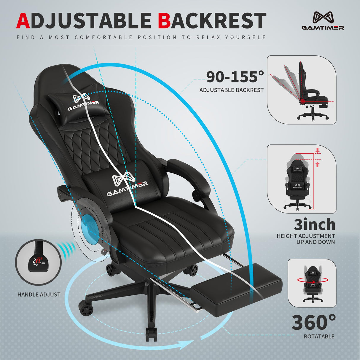 Gamtimer Gaming Chair, Computer Office Chair with Footrest, 155Β° Reclining Chair, Ergonomic High Back Computer Chair with Headrest and Lumbar Support for Adults and KidsοΌDark BlackοΌ Gamtimer