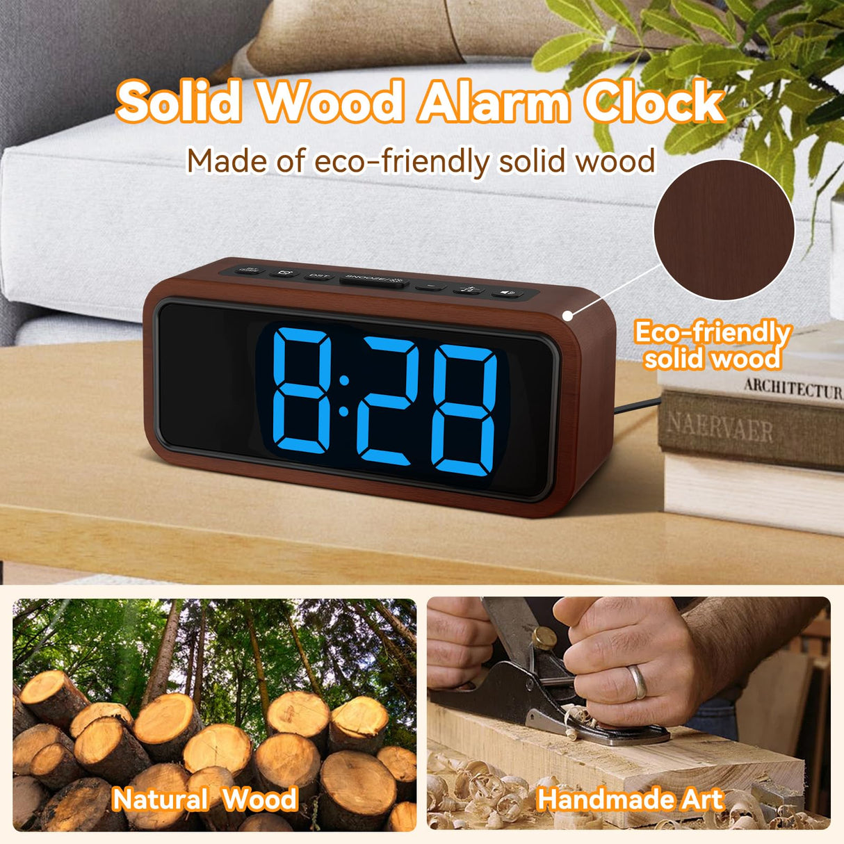 Netzu Wooden Alarm Clock, Loud Digital Clock with 5 Volumes, 12 Ringtones, Manual DST, Snooze Plug-in Alarm Clock for Heavy Sleepers Bedroom Bedside Living Room Office Wood Decor (Blue) Netzu