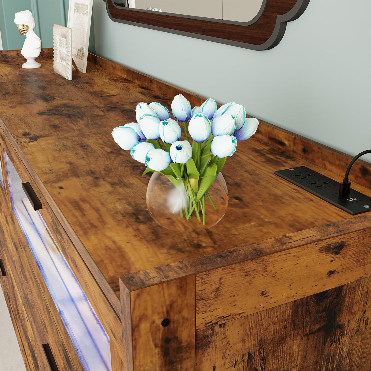 LIKIMIO 6 Drawer 59" Dresser with LED and Power Strip, Wood Dressers & Chests of Drawers for Bedroom Living Room, Rustic Brown LIKIMIO