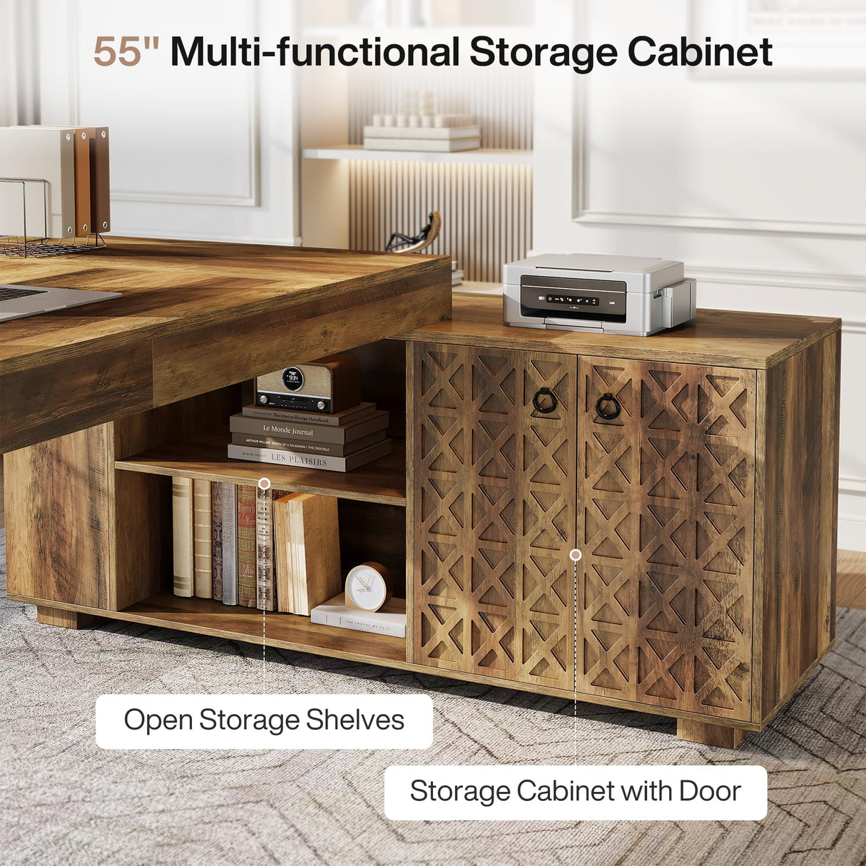 Tribesigns Farmhouse 63-Inch Executive Desk, L-Shaped Boss Desk Home Office Desks with Storage Shelves and Cabinet, Large Business Furniture Set for Home Office, Brown Tribesigns