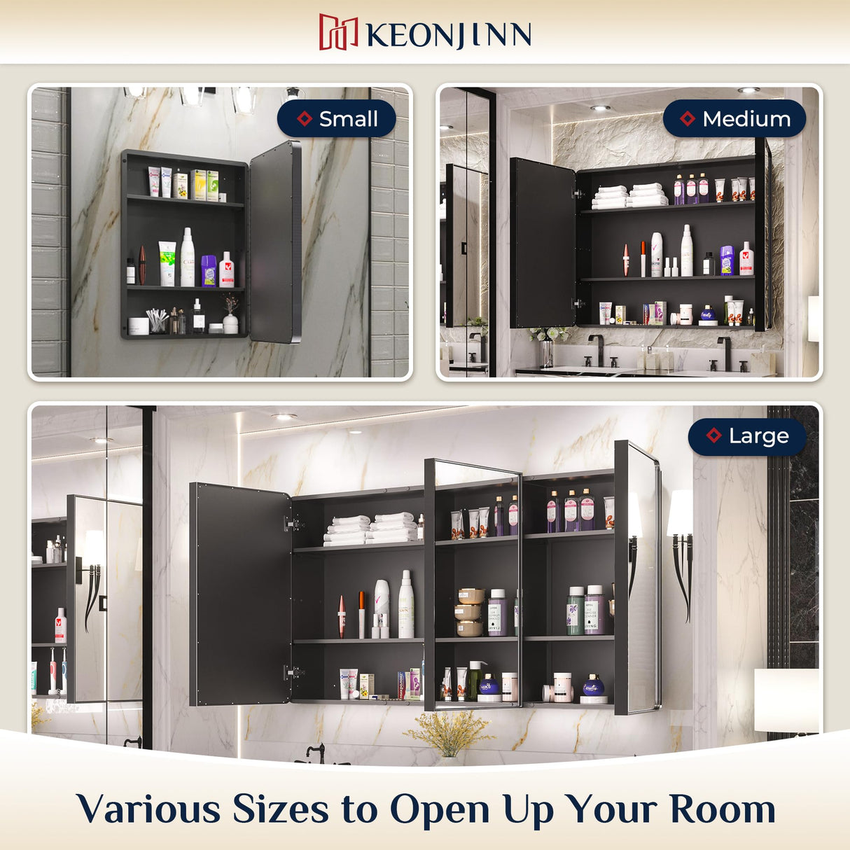 Keonjinn Black Medicine Cabinet 17 x 25 Inch, Heavy & Solid Bathroom Medicine Cabinet with Mirror, Stainless Steel Framed, Adjustable Shelves, Recessed or Wall Mount, Bathroom Mirror with Storage Keonjinn