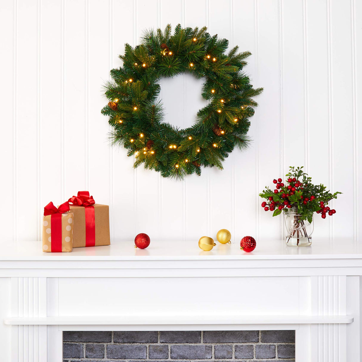 Nearly Natural 24in. Mixed Pine Artificial Christmas Wreath with 35 Clear LED Lights and Pinecones Nearly Natural