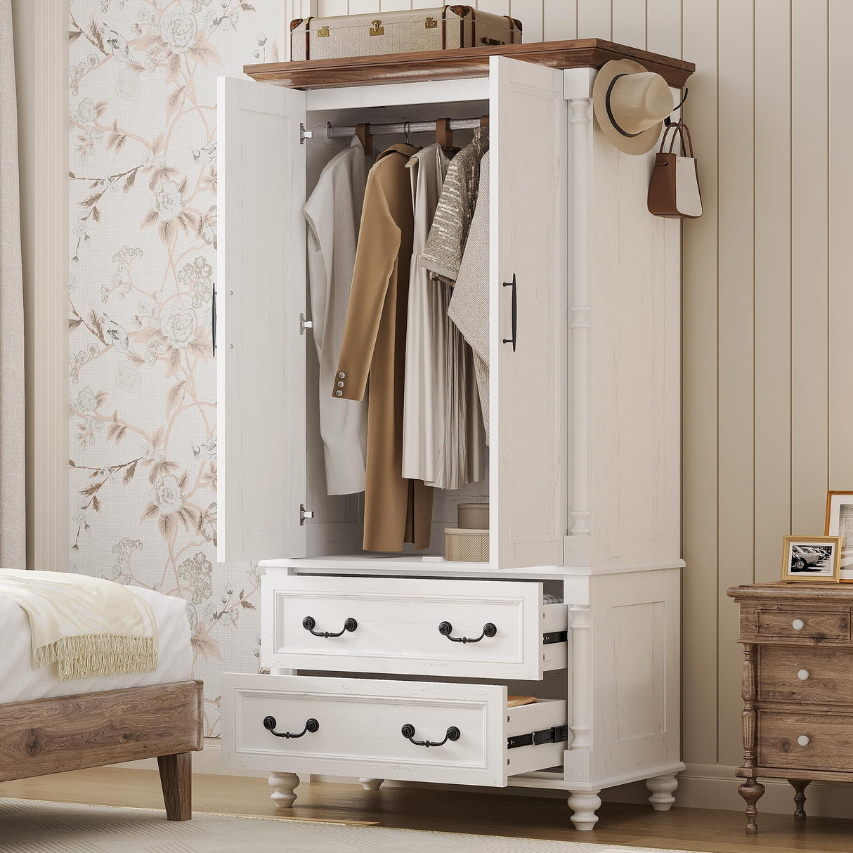 LIKIMIO Farmhouse Armoire Wardrobe Closet with 2 Doors and 2 Drawers, 70" H x 36" W, Large Bedroom Armoire with Roman Column and 3 Hanging Hooks, Wooden Freestanding Closet Cabinet, White LIKIMIO