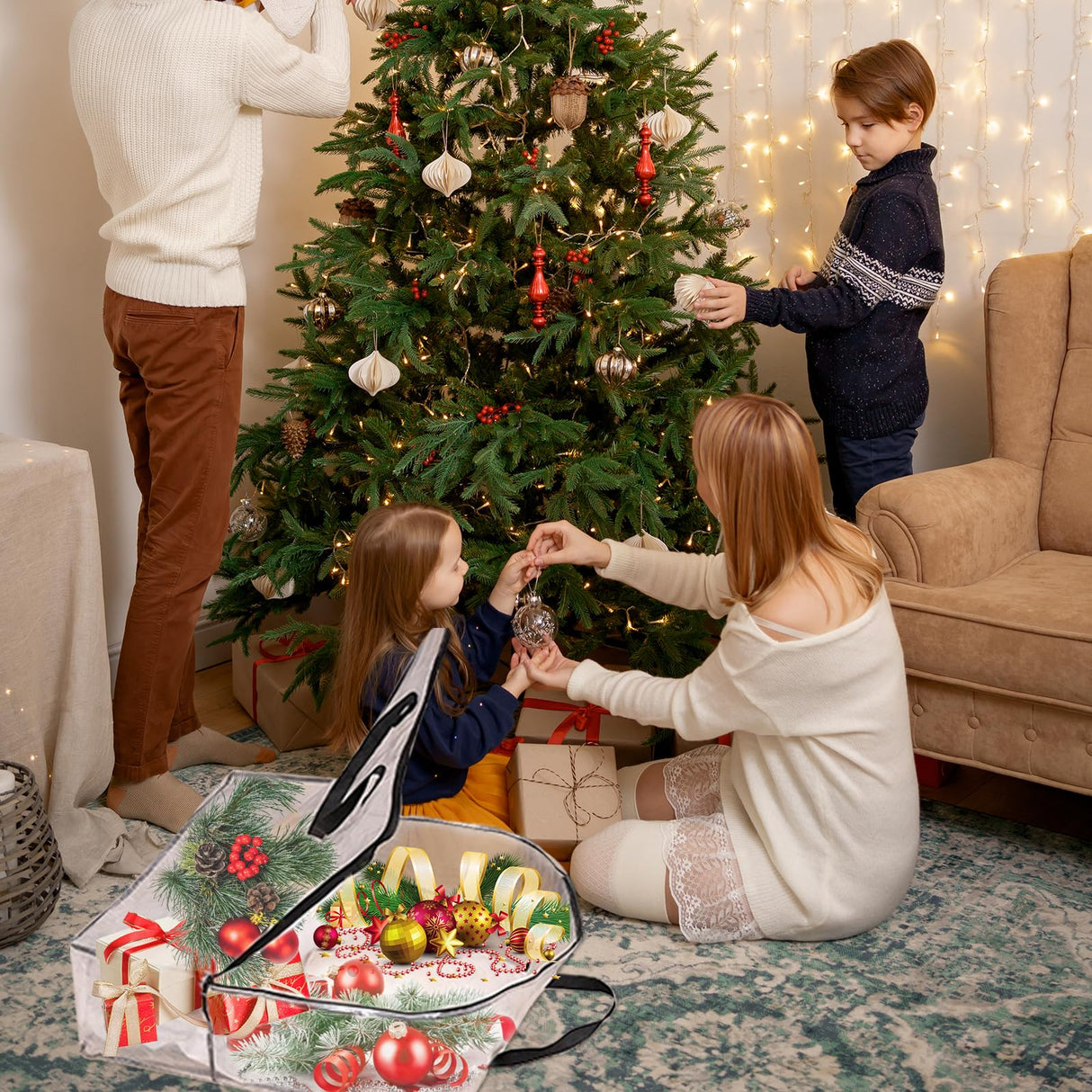 Tiltol 2 Pack 25 inches Wreath Storage Container,Extra Large Transparent Rectangular Christmas Ornament Storage Bags with Zipper and Handles,Perfect for Wreaths,Garlands,Gifts,Waterproof,Foldable Tiltol