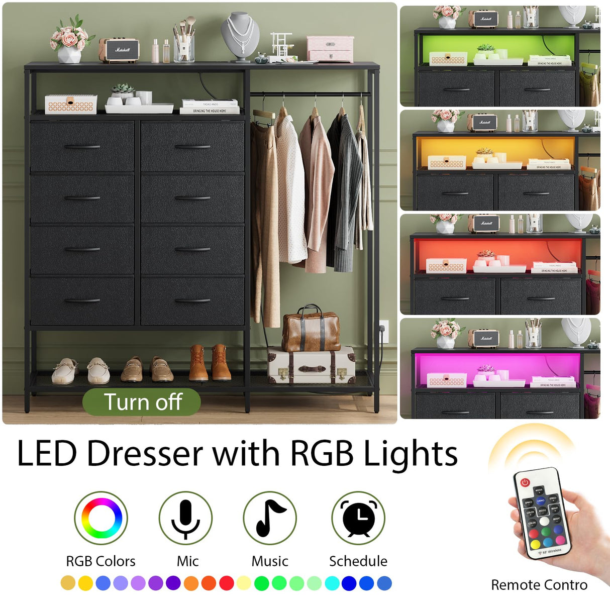 Black Dresser for Bedroom with 8 Drawers and Hanging Rack, 47 Inch Closet Dressers with LED Lights, Shelves & Charging Station, Clothes Storage Organizer Harpaq