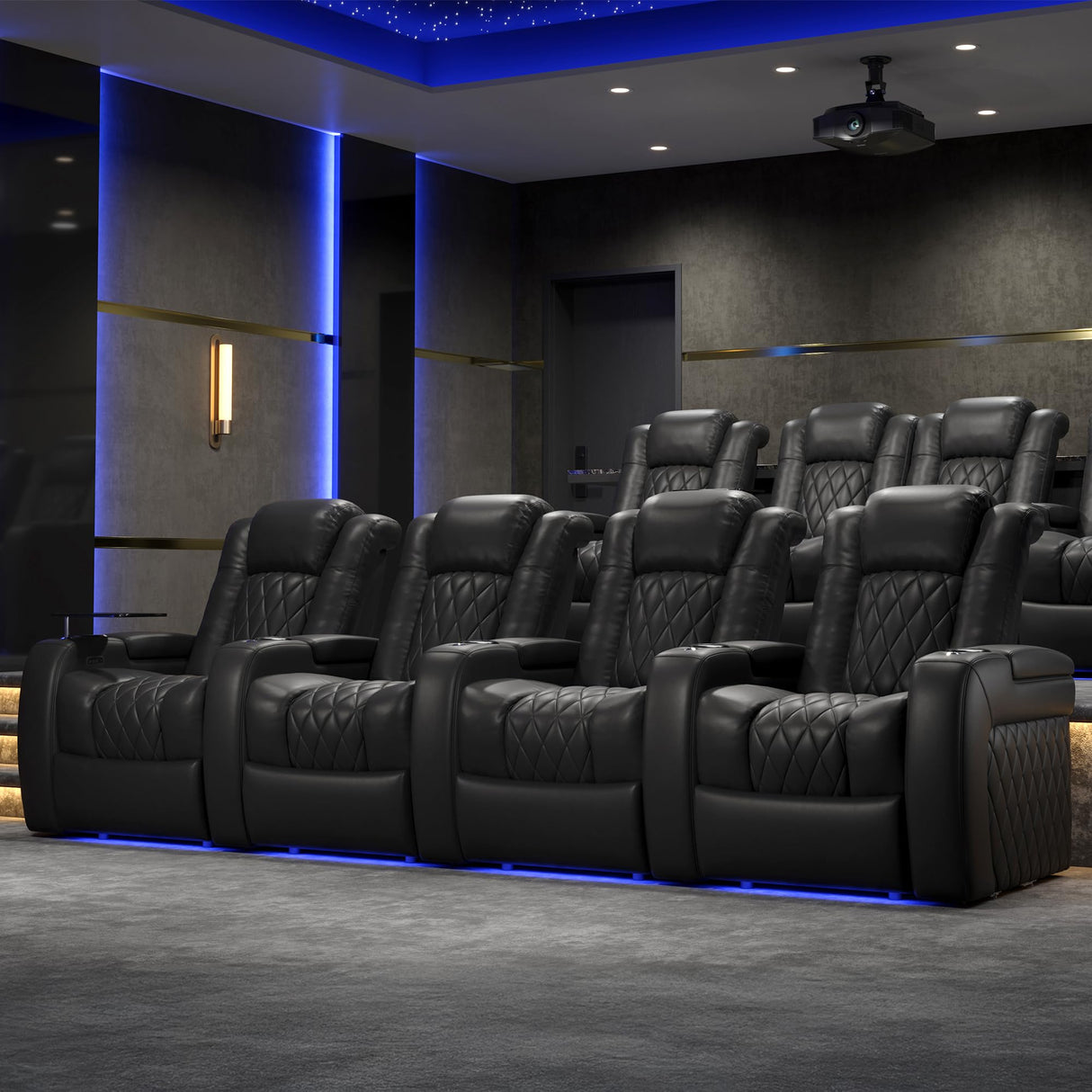 Valencia Tuscany Home Theater Seat - Nappa Leather Power Recliner with Cool Gel Memory Foam, USB-C/USB-A Charging, RGB LED Lights, Adjustable Lumbar & Headrest (Row of 2 Loveseat, Black) VALENCIA THEATER SEATING