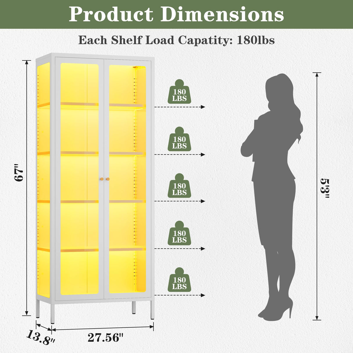 Lucky Monet 5-Tier Display Cabinet with 12 Color Lights & Glass Doors, 67" Lighted Curio Cabinet with Adjustable Shelves, Glass Metal Display Case for Collectibles Figures China (White) Lucky Monet