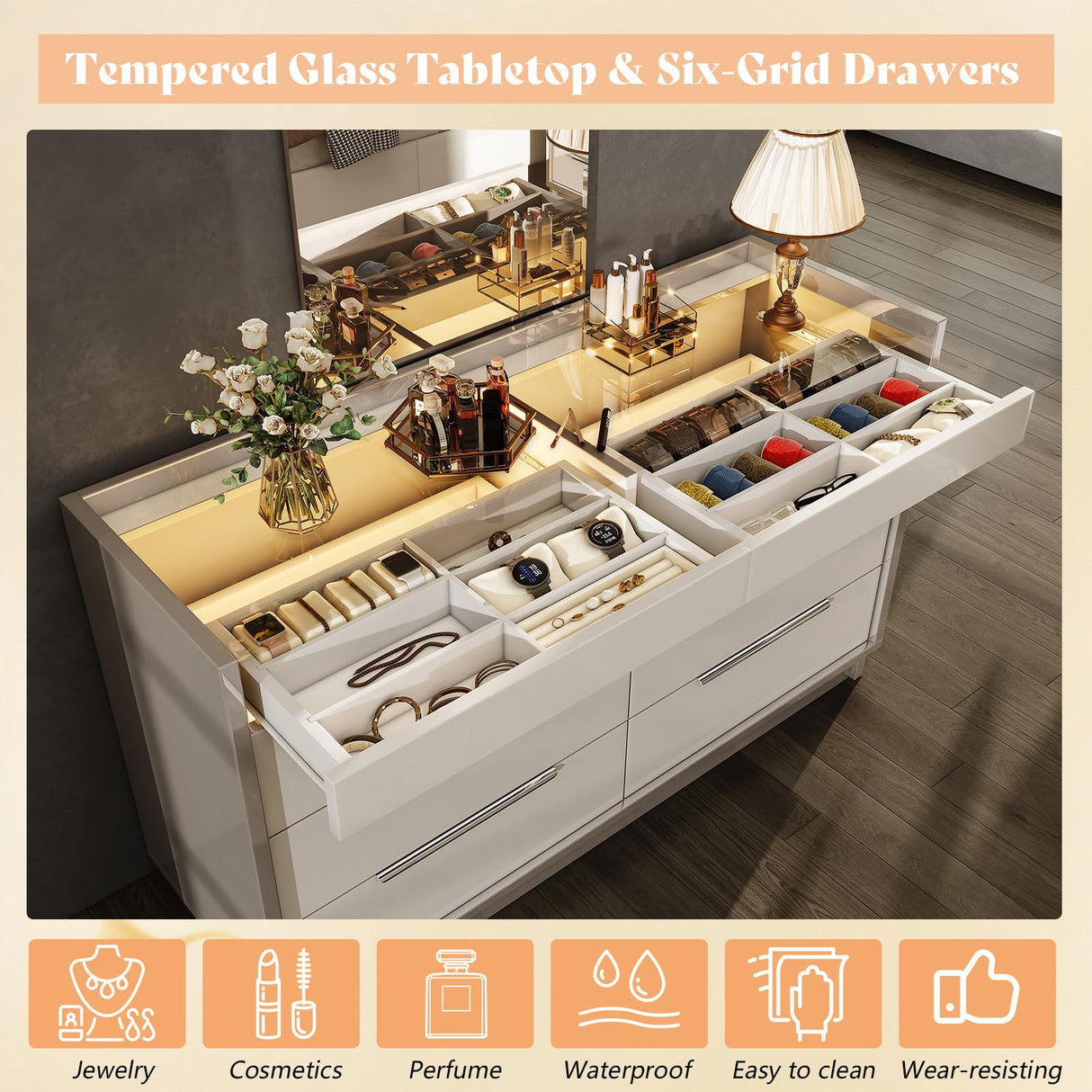 AMERLIFE 47.2" 8 Drawer Dresser with LED Light, Modern High Gloss Chest of Drawers with Glass Tabletop & 2 Six-Grid Jewelry Drawers, for Bedroom, Living Room, Dressing Room, Cream & Grey AMERLIFE