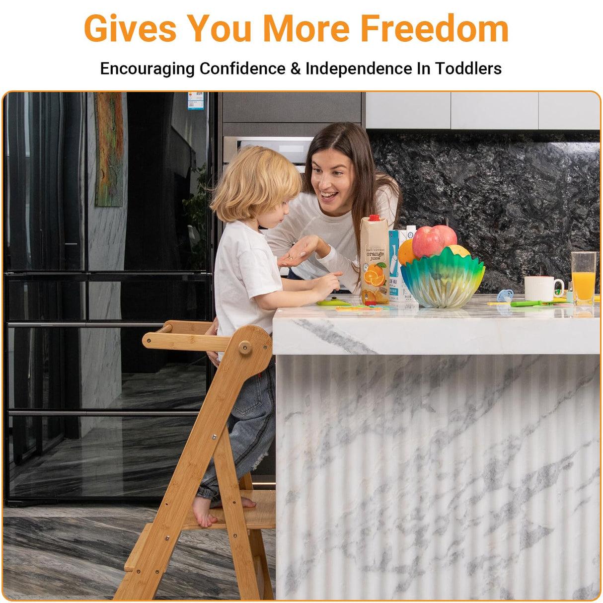 COSYLAND Foldable Toddler Standing Tower - Adjustable Height Folding Step Stool Kids Toddler Kitchen Stool Helper for Learning and Cooking - Ages 18 Months to 6 Years with Safety net Natural COSYLAND