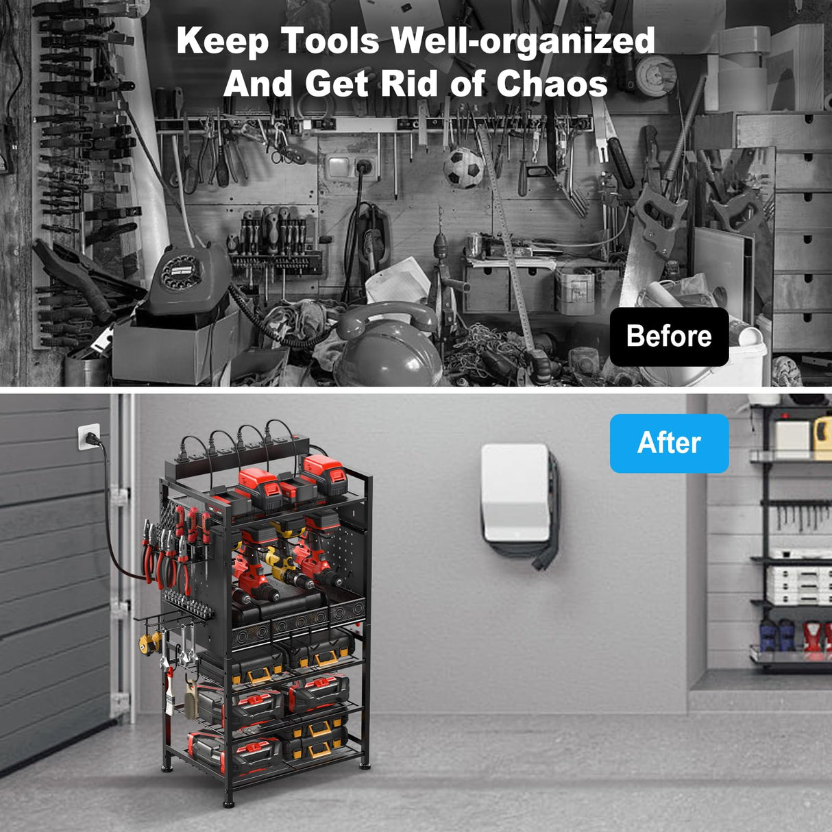 JUNNUJ Power Tool Organizer Floor Stand with Charging Station, Garage Adjustable Storage Rack Utility Tool Shelf with 8 Outlet Power Strip, Heavy Duty Drill and Battery Holder, Black JUNNUJ