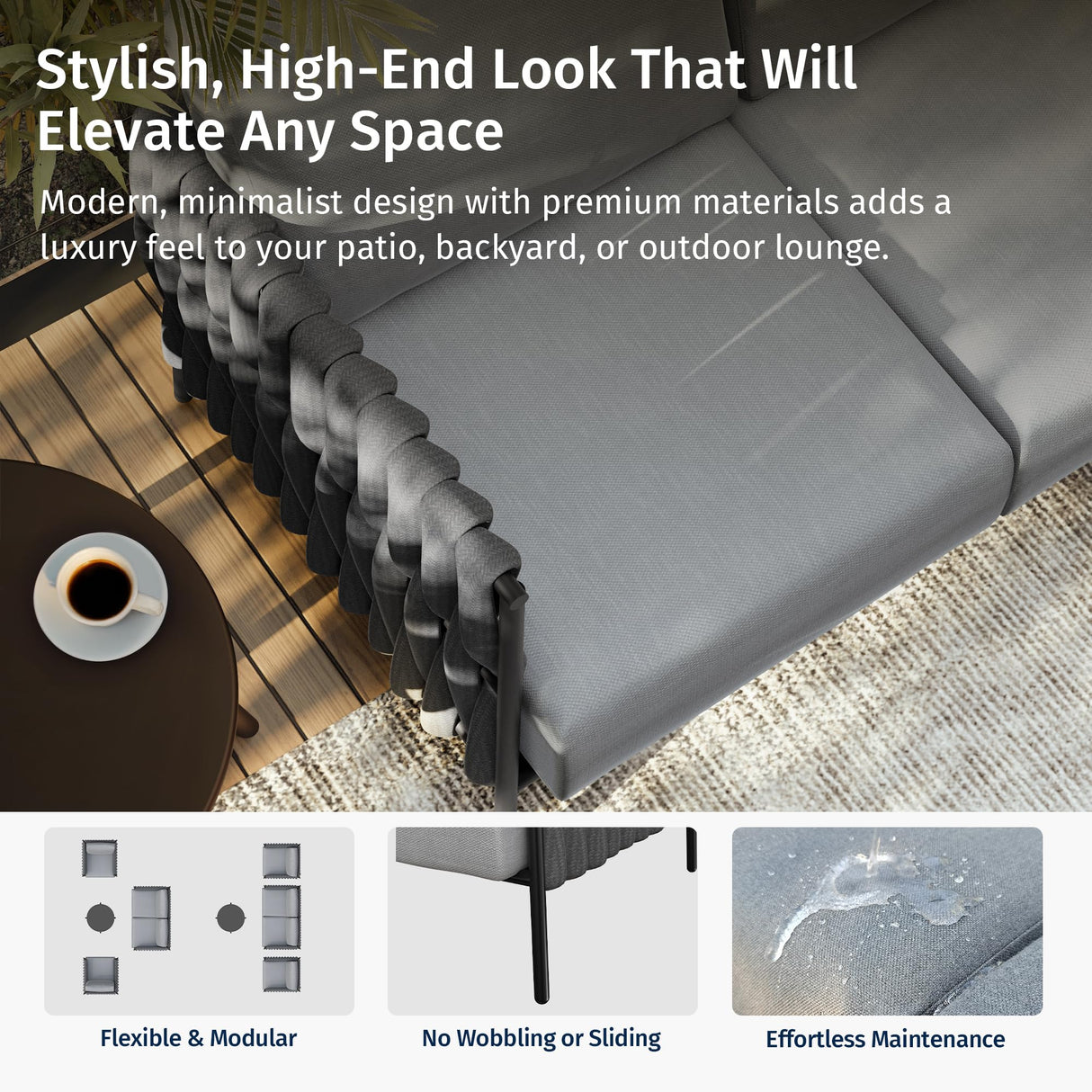 EAST OAK 3-Piece Patio Furniture Set | Armchairs & Coffee Table | Outdoor Furniture with Cushions | Deep Seating Modern Conversation Set | Garden, Porch, Balcony & Backyard | Misty Grey EAST OAK