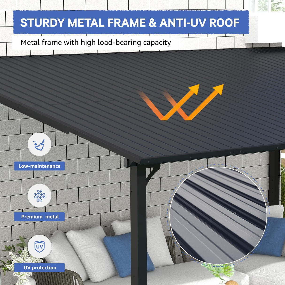 SUNSITT 10'x 14' Gazebo, Outdoor Lean to Gazebo Pergola w/Drainage Holes, Wall-Mounted Gazebo with Hard Top Metal Awnings for Patio Backyard Deck, Dark Grey SUNSITT