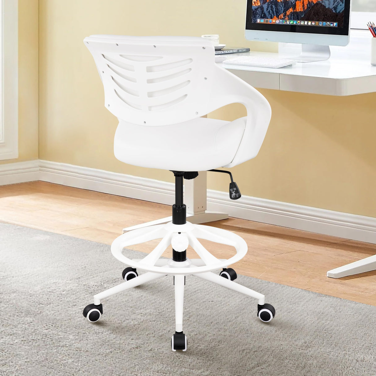 BOJUZIJA Ergonomic Drafting Chair,Standing Computer Desk Chair,Foot Ring,Lumbar Support,Swivel Task Chair - White BOJUZIJA