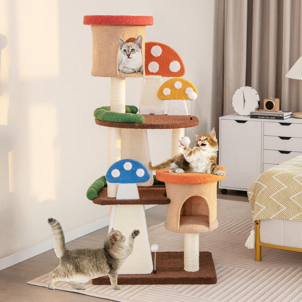 Tangkula Mushroom Cat Tree, Multi-Level Cute Cat Tower with Full-Wrapped Sisal Posts, Scratching Boards & Interactive Balls, 2 Cat Condo, Flower Cat Tree Tower for Indoor Cats Large Adult (57.5 Inch) Tangkula