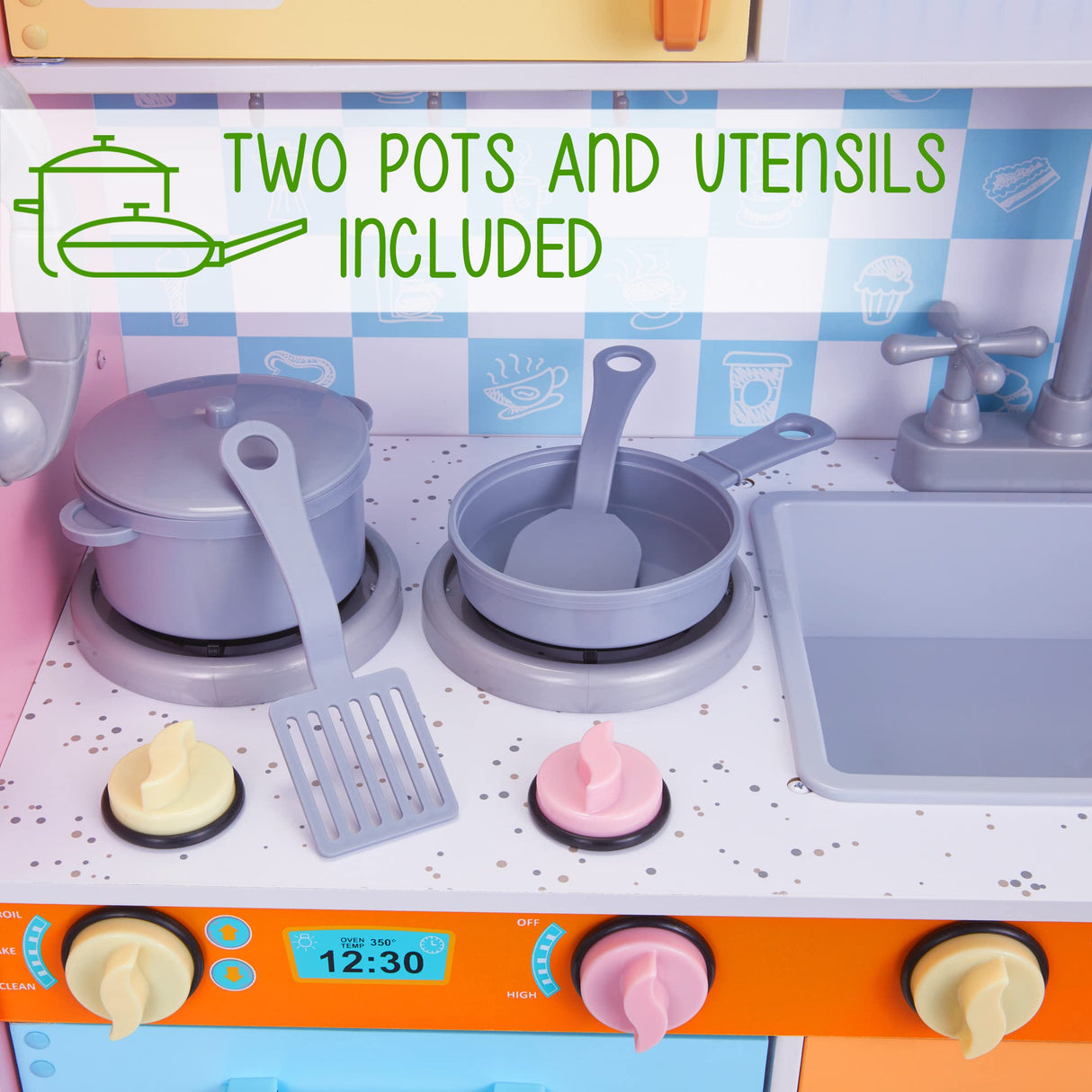 Lil' Jumbl Kids Kitchen Set, Pretend Wooden Play Kitchen with Chalk Board, Play Phone, Towel Rack & Ice Dispenser, Clicking Knobs, Pots & Utensils Included - Colorful Lil' Jumbl