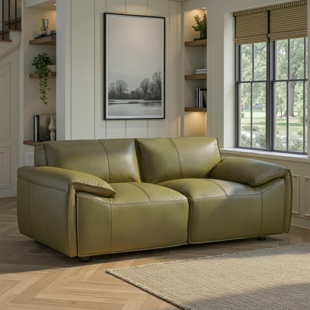 Tanner 74 in. Leather Loveseat with Padded Arms in Green or Khaki Armen Living