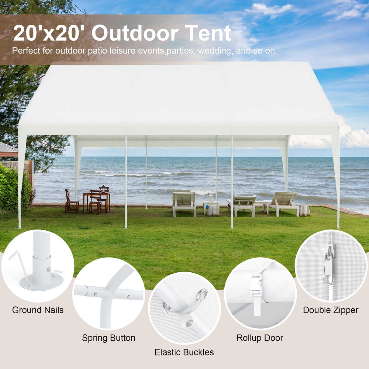 GOJOOASIS 20' x 20' Heavy Duty Carport with Roll-up Visual Windows, Reinforced Party Tent with Removable Sidewalls & Doors for Parties, Wedding, Outdoor Events, Car Canopy with All-Season Tarp, White GOJOOASIS