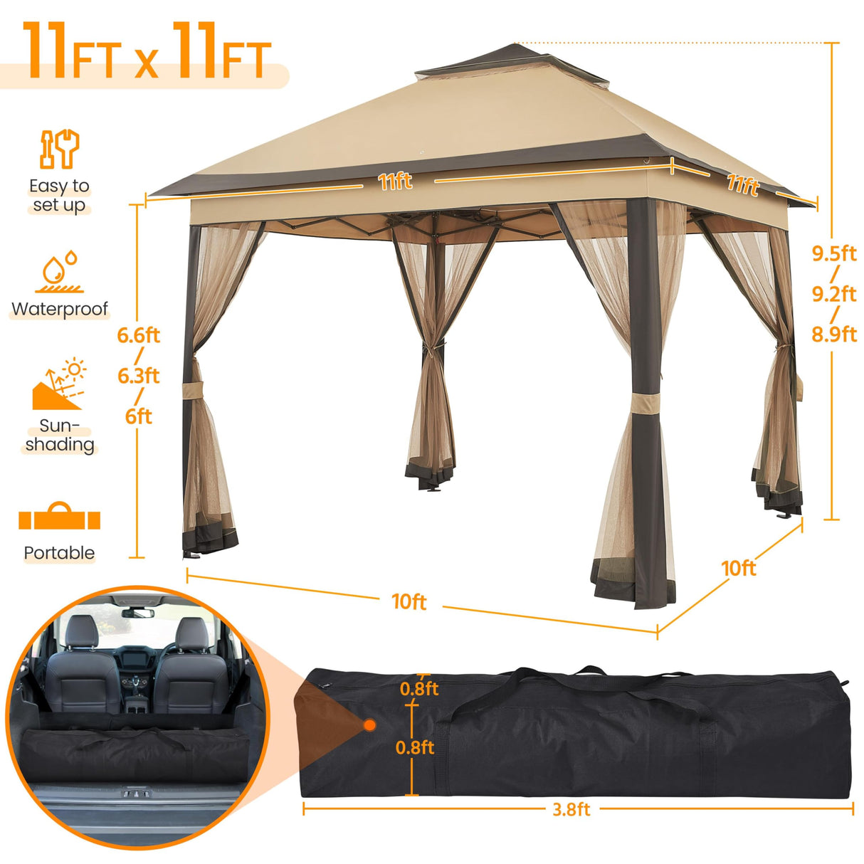 Yaheetech 11x11 Pop Up Gazebo Outdoor Canopy Shelter, Instant Patio Gazebo Sun Shade Canopy Tent with 4 Sandbags, Double Tiers & Mesh Netting for Lawn, Garden, Backyard & Deck, Khaki Yaheetech