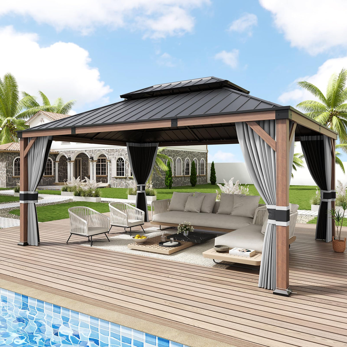 Amopatio 12' X 16' Wood Gazebo, Hardtop Gazebos with Galvanized Steel Double Roof, Metal Outdoor Permanent Aluminum Gazebo for Patio Deck Backyard Amopatio