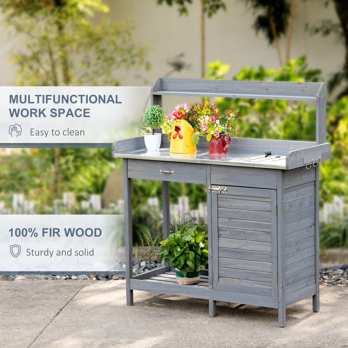 Outsunny Outdoor Potting Bench Table, Garden Work Station with Storage Cabinet, Open Shelf and Steel Tabletop, Gray Outsunny