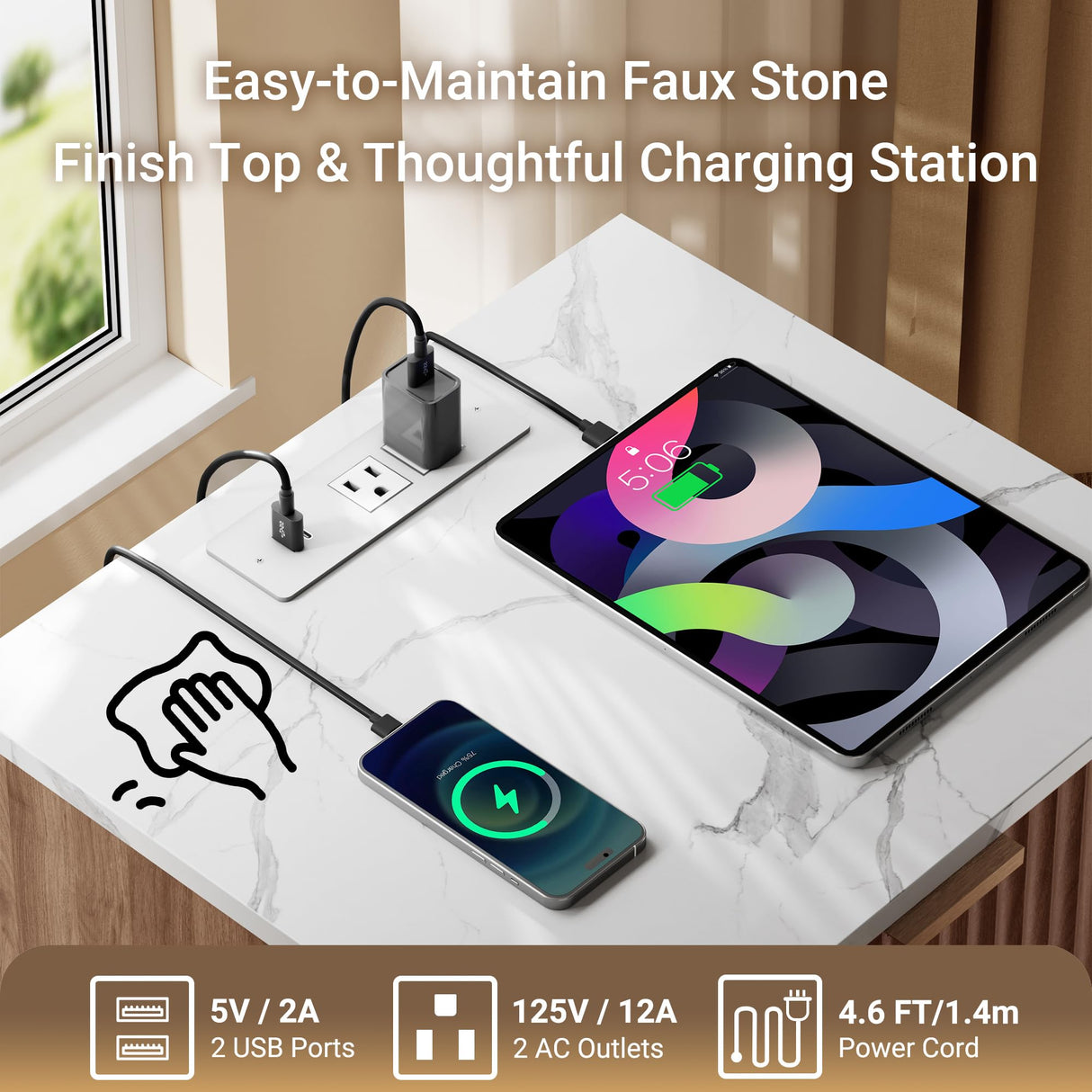 FavourLife Fluted Nightstand with Charging Station, 18" Side Table with Faux Stone Color Top, Mid Century Modern Night Stand Bedside Table with Drawer & Open Shelf for Bedroom Living Room, White Oak FavourLife